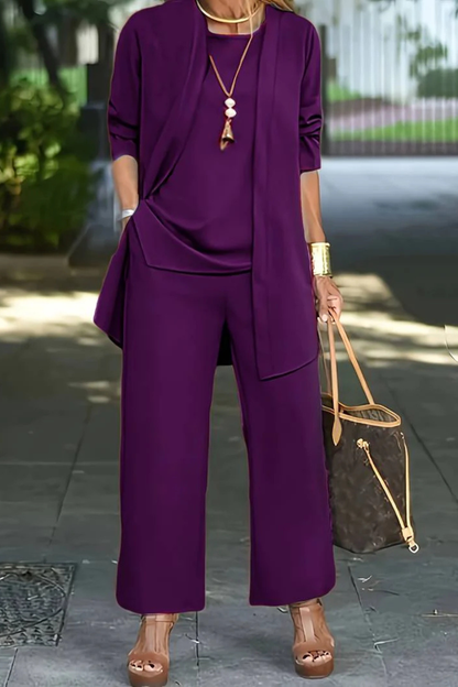 Women's Three-Piece Clothing Set with Open Cardigan, Tank Top and Wide-Leg Trousers