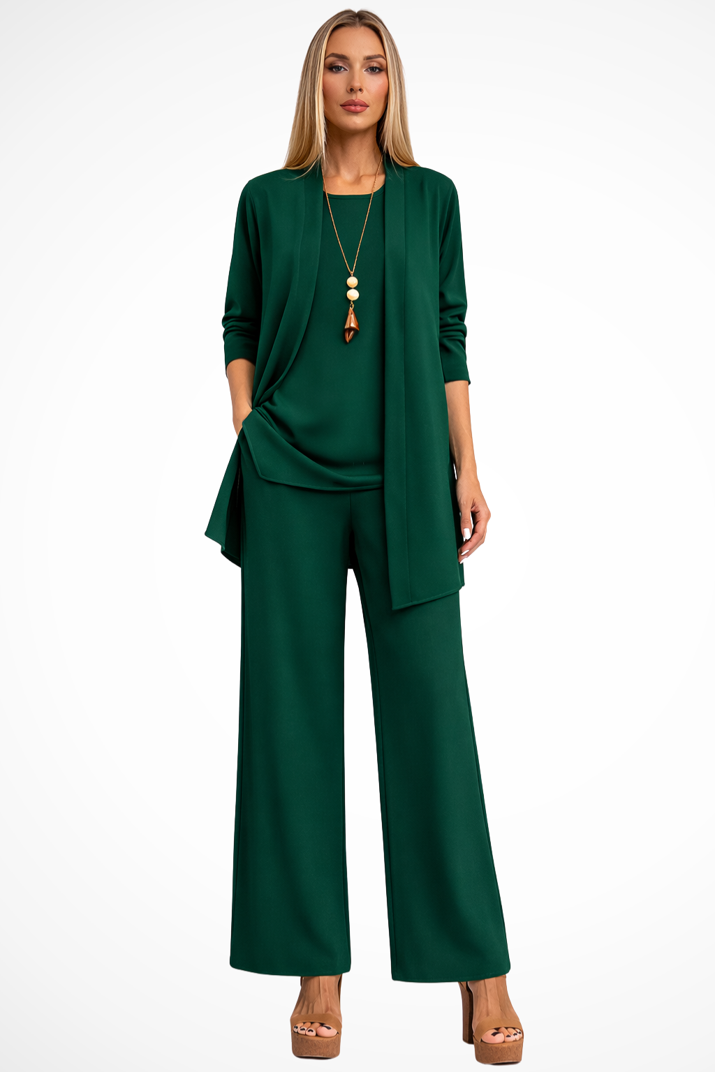 Women's Three-Piece Clothing Set with Open Cardigan, Tank Top and Wide-Leg Trousers