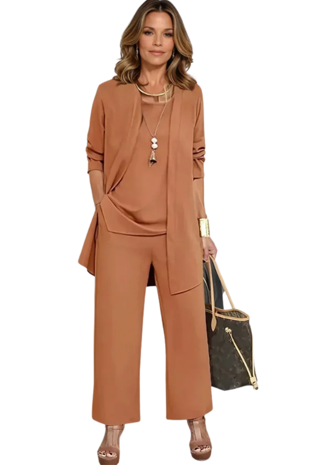 Women's Three-Piece Clothing Set with Open Cardigan, Tank Top and Wide-Leg Trousers