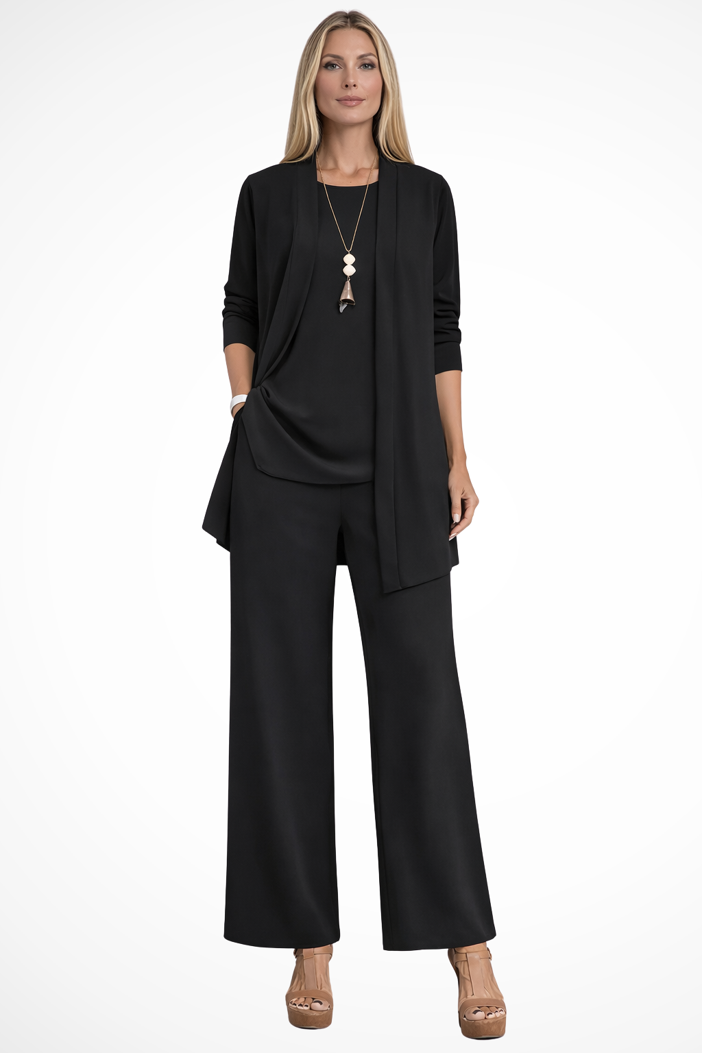 Women's Three-Piece Clothing Set with Open Cardigan, Tank Top and Wide-Leg Trousers