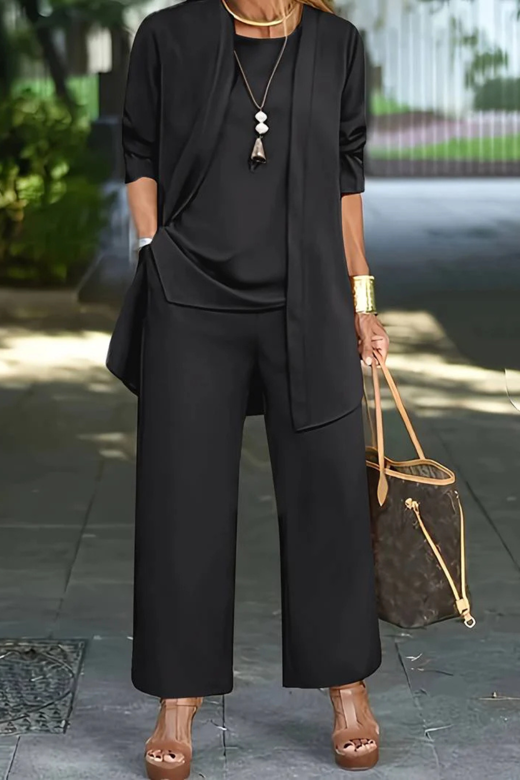 Women's Three-Piece Clothing Set with Open Cardigan, Tank Top and Wide-Leg Trousers