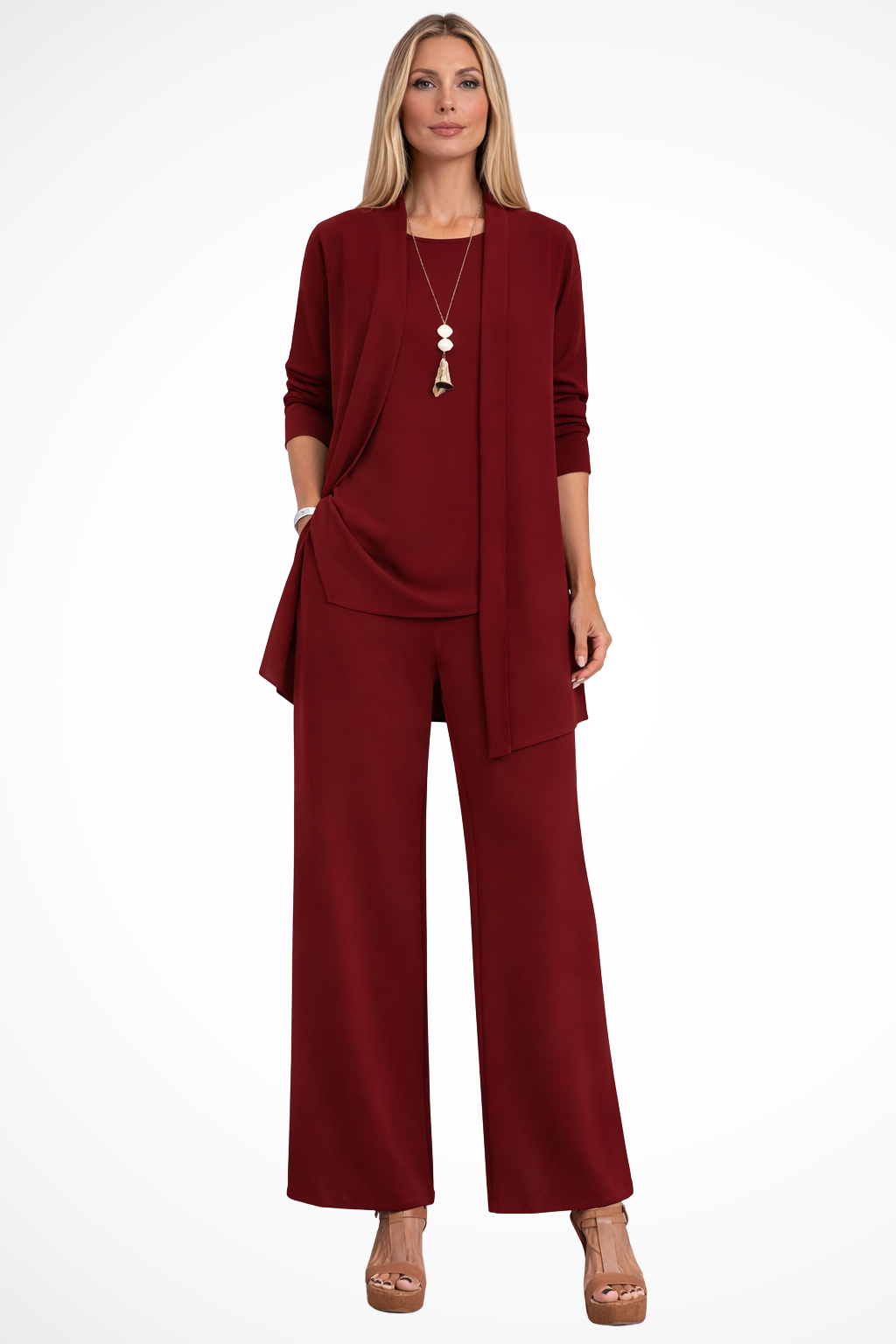 Women's Three-Piece Clothing Set with Open Cardigan, Tank Top and Wide-Leg Trousers