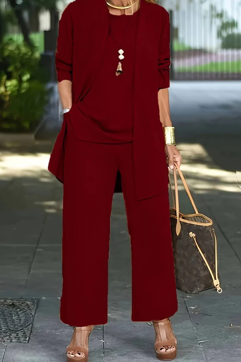 Women's Three-Piece Clothing Set with Open Cardigan, Tank Top and Wide-Leg Trousers