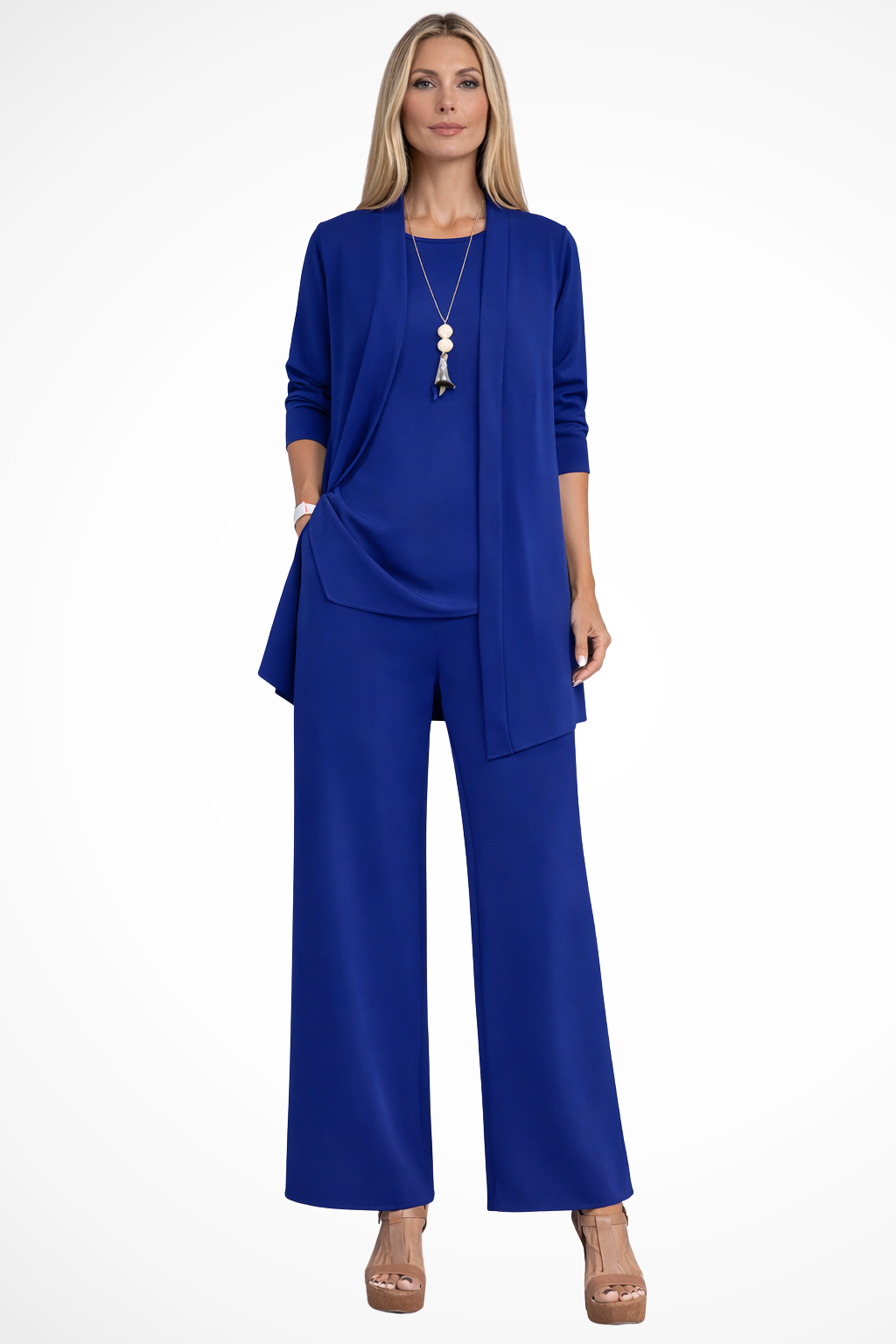 Women's Three-Piece Clothing Set with Open Cardigan, Tank Top and Wide-Leg Trousers