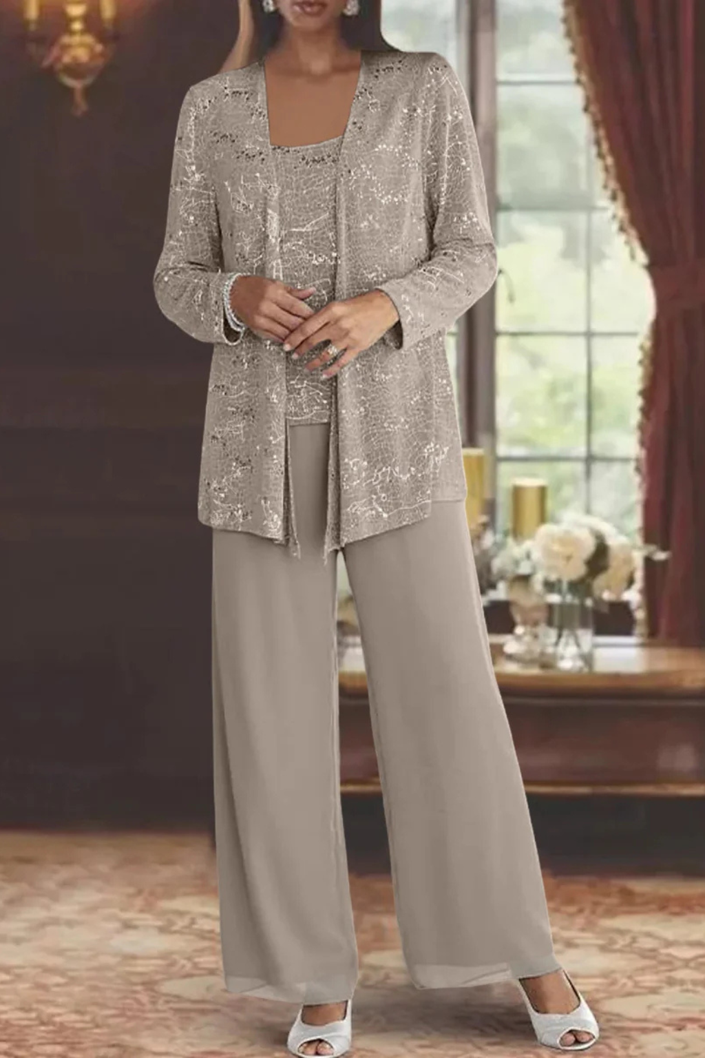 Women's Three-Piece Formal Pant Set with Sequin Jacket and Wide-Leg Trousers