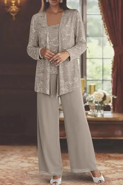 Women's Three-Piece Formal Pant Set with Sequin Jacket and Wide-Leg Trousers