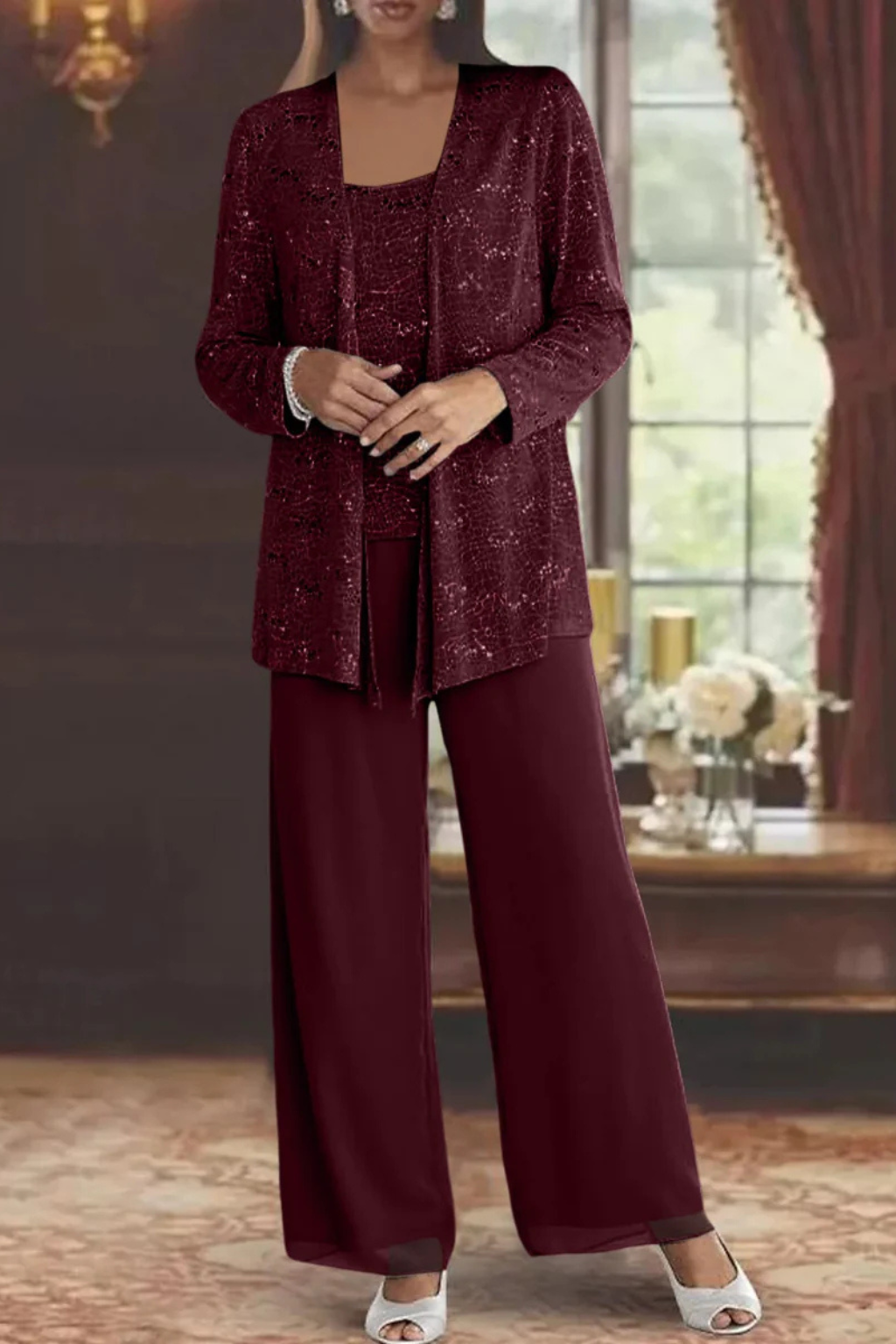 Women's Three-Piece Formal Pant Set with Sequin Jacket and Wide-Leg Trousers