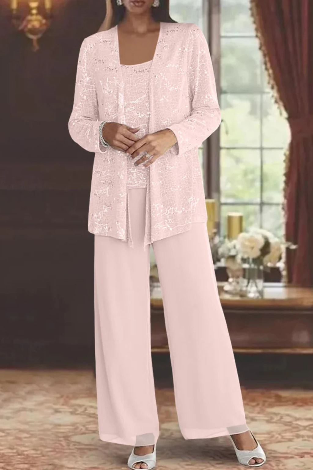 Women's Three-Piece Formal Pant Set with Sequin Jacket and Wide-Leg Trousers
