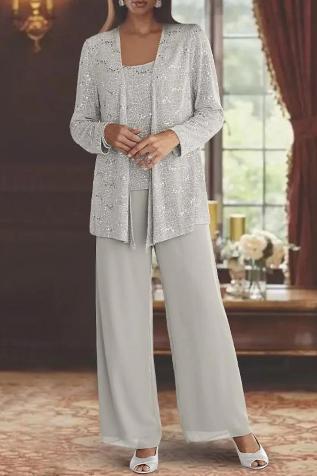 Women's Three-Piece Formal Pant Set with Sequin Jacket and Wide-Leg Trousers