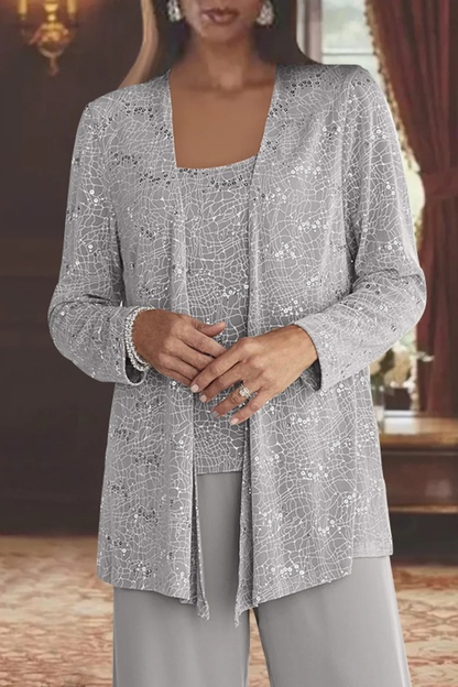 Women's Three-Piece Formal Pant Set with Sequin Jacket and Wide-Leg Trousers