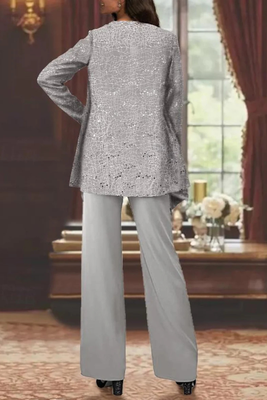Women's Three-Piece Formal Pant Set with Sequin Jacket and Wide-Leg Trousers