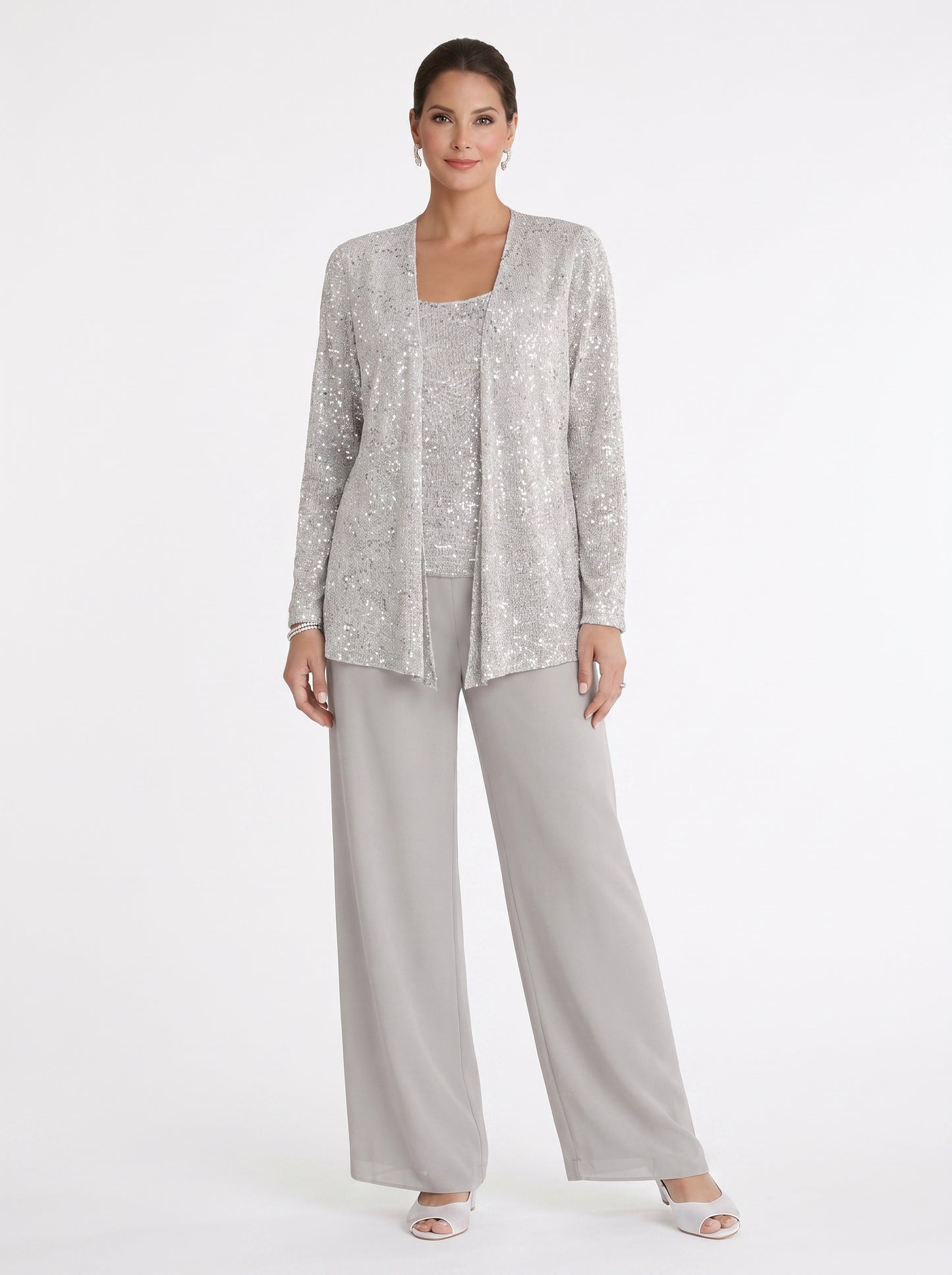 Women's Three-Piece Formal Pant Set with Sequin Jacket and Wide-Leg Trousers