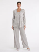 Women's Three-Piece Formal Pant Set with Sequin Jacket and Wide-Leg Trousers