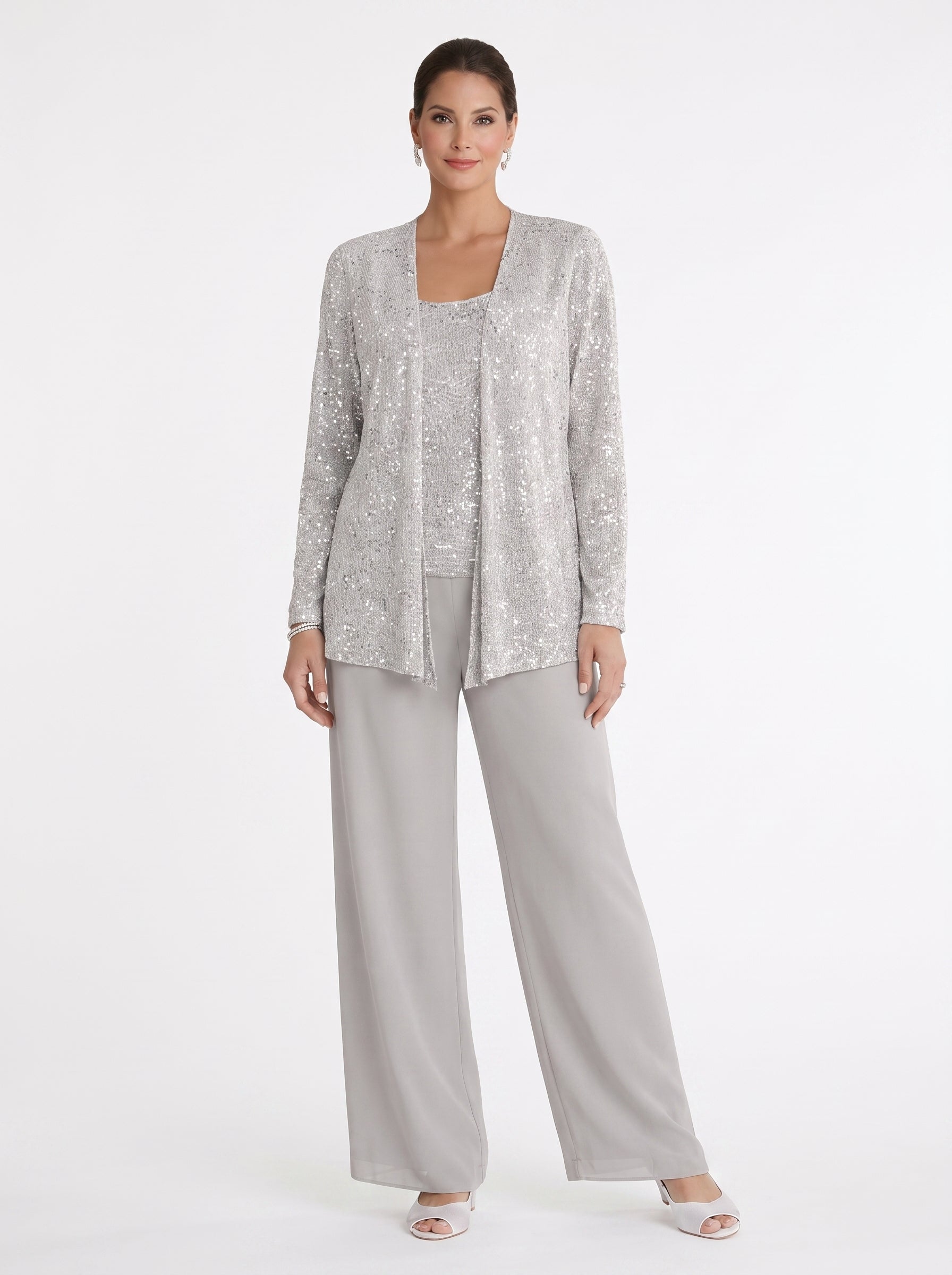 Women's Three-Piece Formal Pant Set with Sequin Jacket and Wide-Leg Trousers