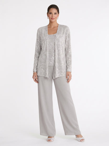 Women's Three-Piece Formal Pant Set with Sequin Jacket and Wide-Leg Trousers