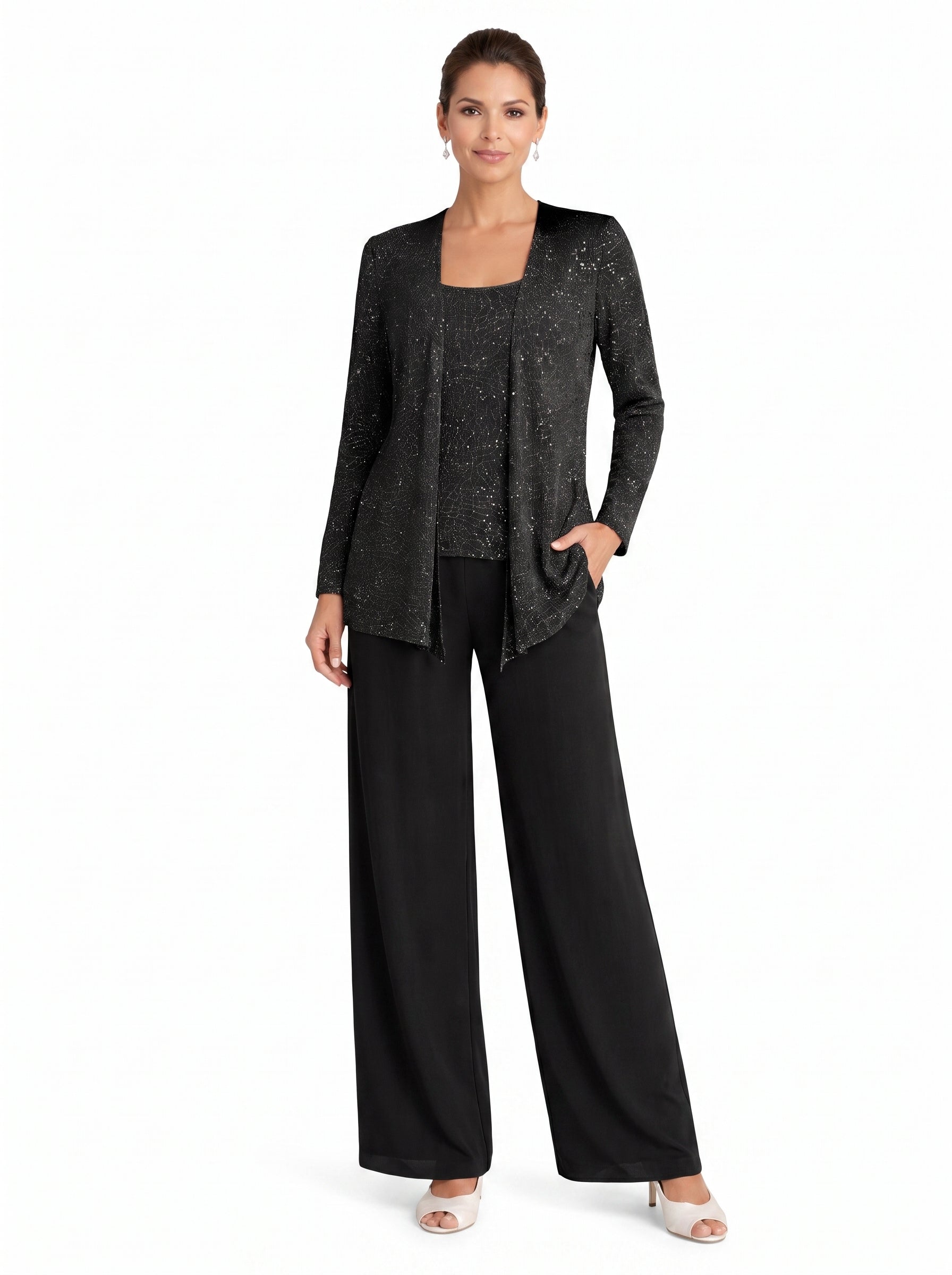 Women's Three-Piece Formal Pant Set with Sequin Jacket and Wide-Leg Trousers