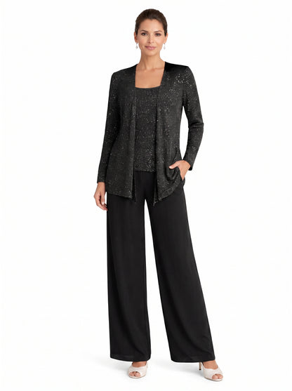 Women's Three-Piece Formal Pant Set with Sequin Jacket and Wide-Leg Trousers