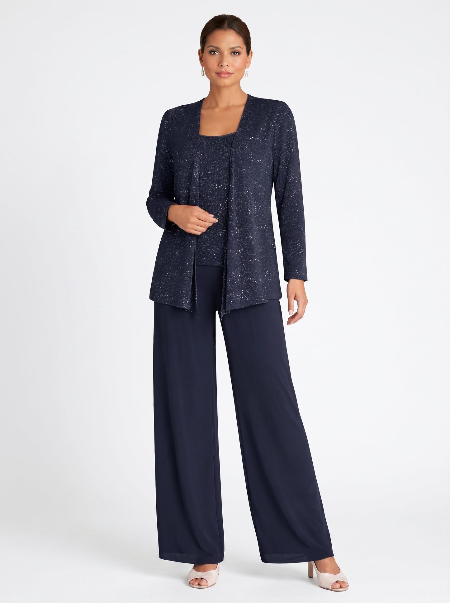 Women's Three-Piece Formal Pant Set with Sequin Jacket and Wide-Leg Trousers