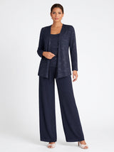 Women's Three-Piece Formal Pant Set with Sequin Jacket and Wide-Leg Trousers