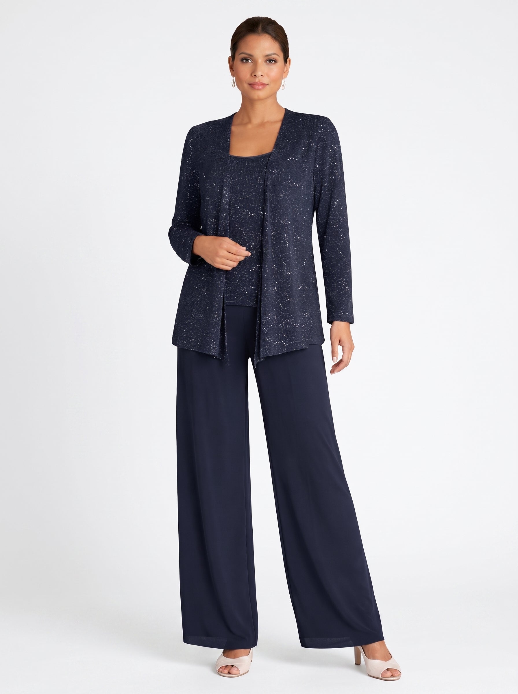 Women's Three-Piece Formal Pant Set with Sequin Jacket and Wide-Leg Trousers