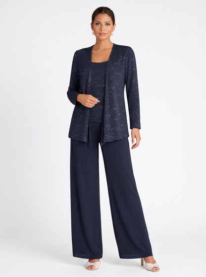 Women's Three-Piece Formal Pant Set with Sequin Jacket and Wide-Leg Trousers
