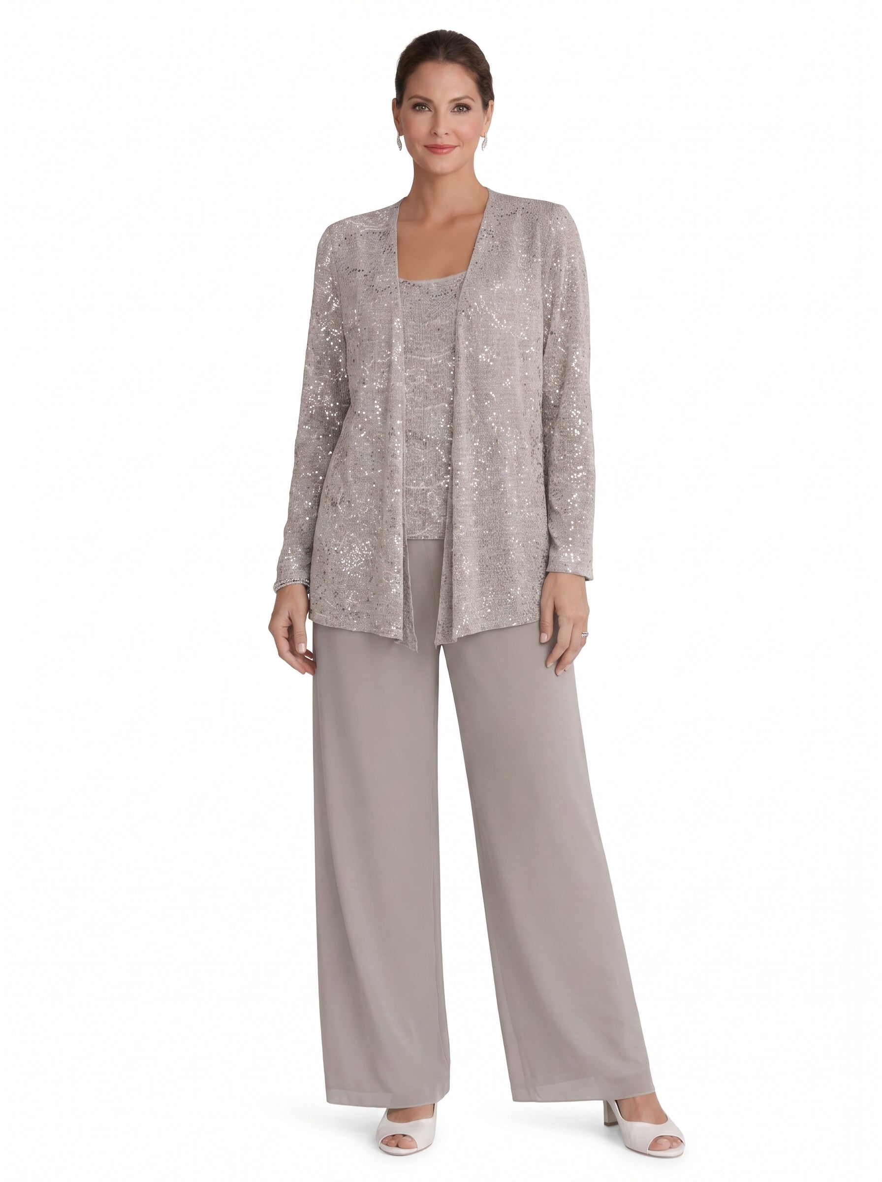 Women's Three-Piece Formal Pant Set with Sequin Jacket and Wide-Leg Trousers