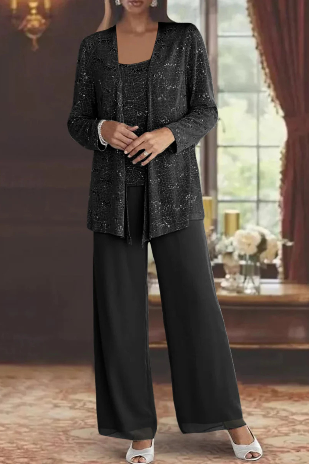 Women's Three-Piece Formal Pant Set with Sequin Jacket and Wide-Leg Trousers