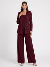 Women's Three-Piece Formal Pant Set with Sequin Jacket and Wide-Leg Trousers