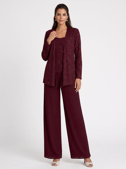 Women's Three-Piece Formal Pant Set with Sequin Jacket and Wide-Leg Trousers
