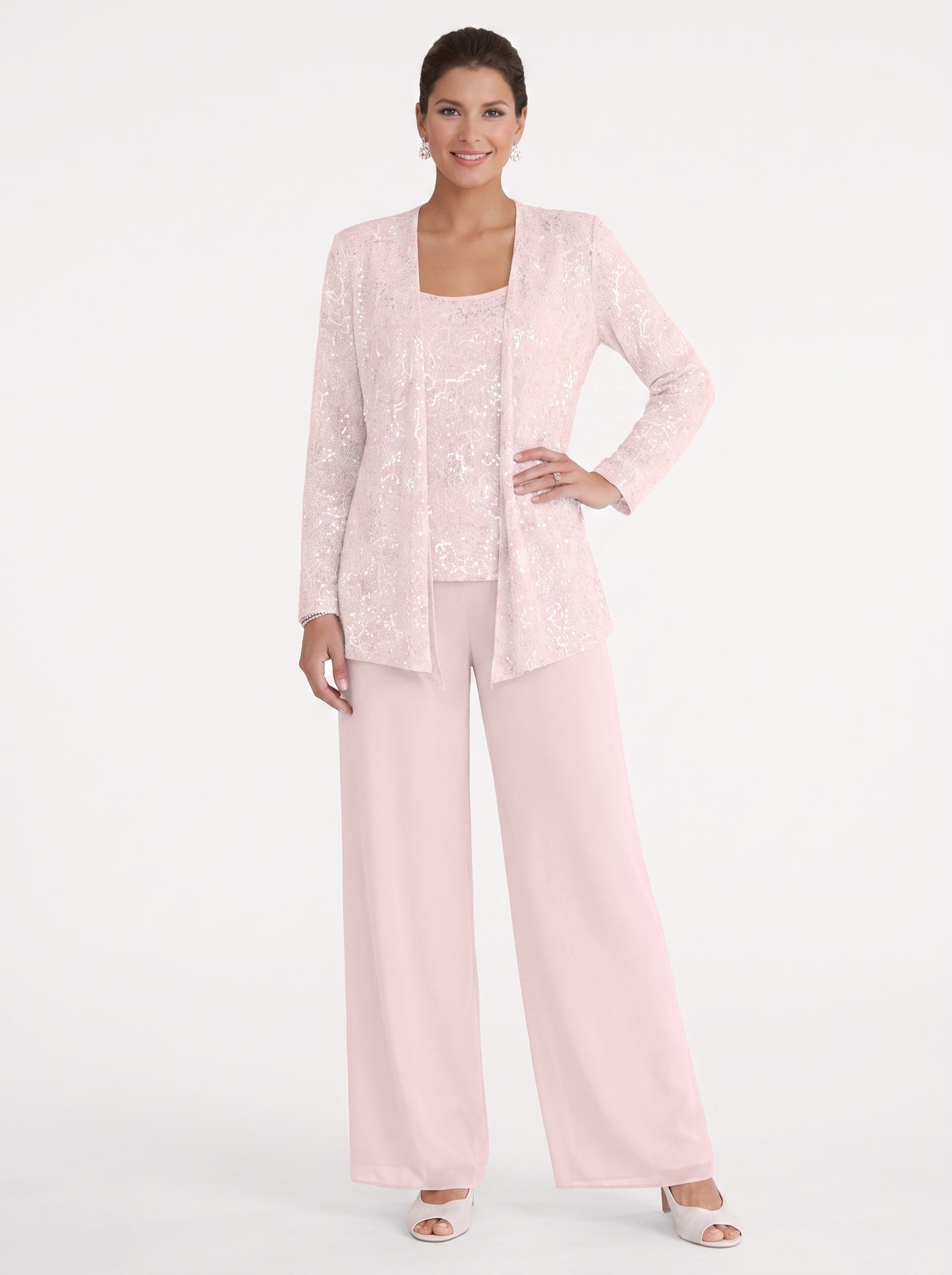 Women's Three-Piece Formal Pant Set with Sequin Jacket and Wide-Leg Trousers