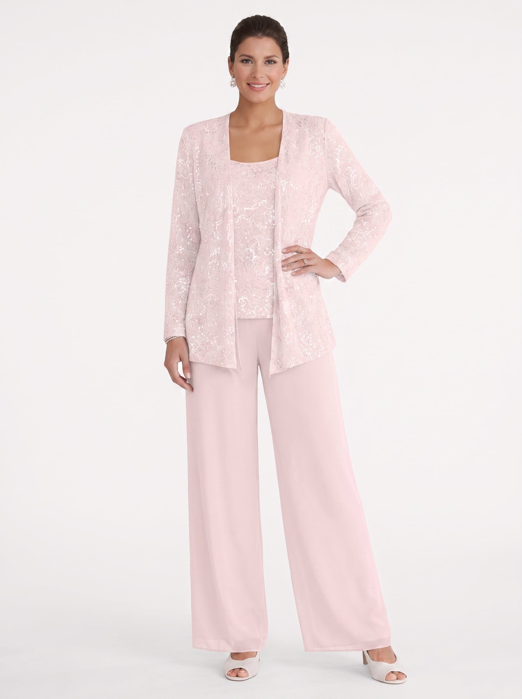 Women's Three-Piece Formal Pant Set with Sequin Jacket and Wide-Leg Trousers