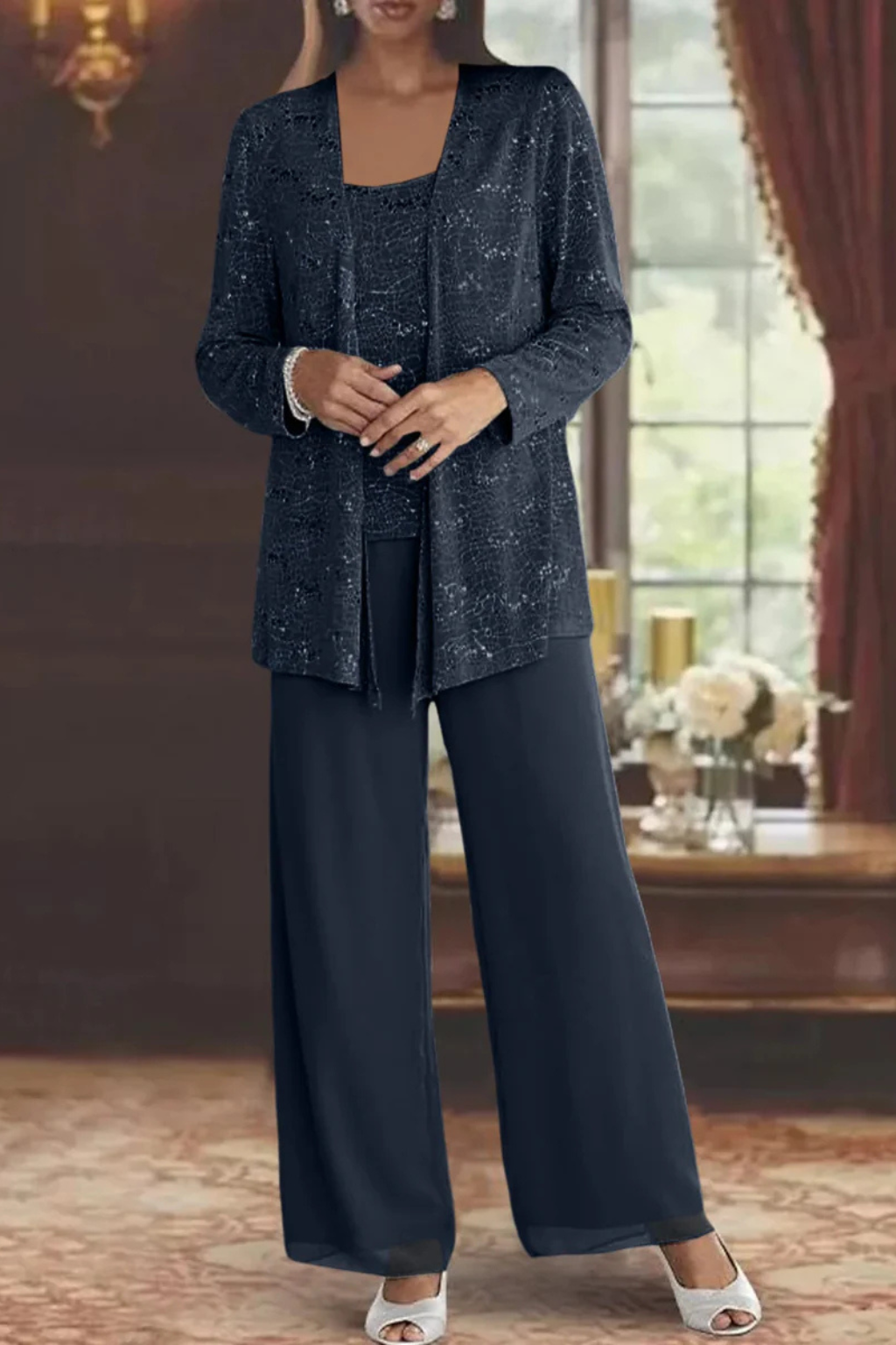 Women's Three-Piece Formal Pant Set with Sequin Jacket and Wide-Leg Trousers