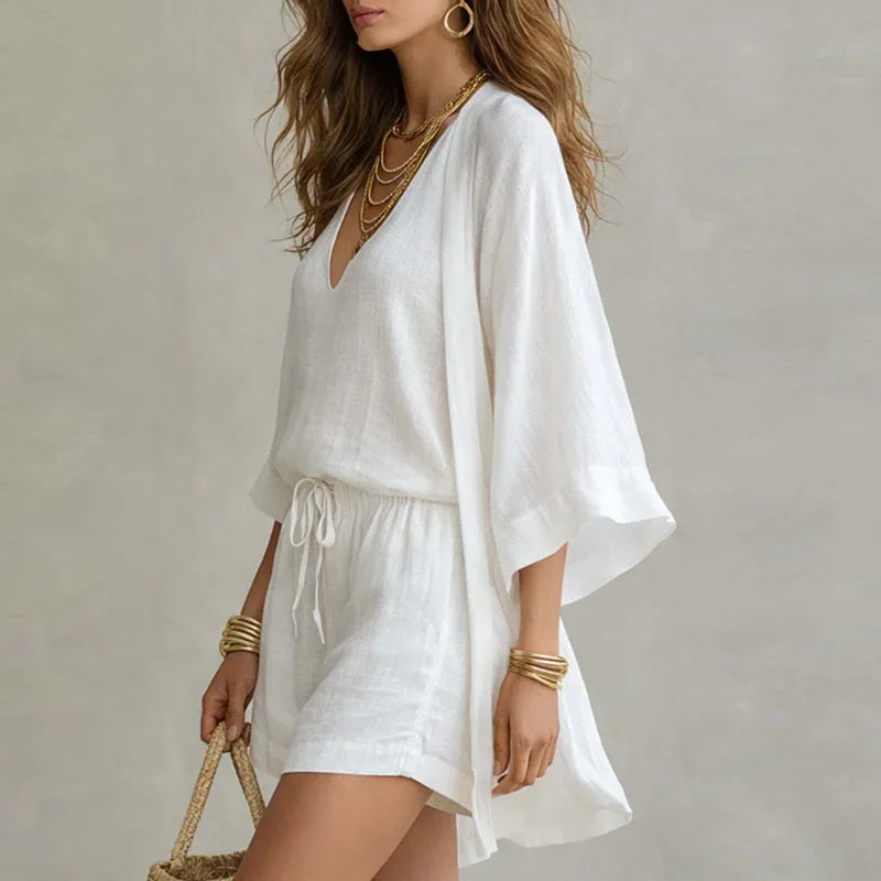 Women's Three-Piece Set with Kimono Cardigan, V-Neck Top and Shorts