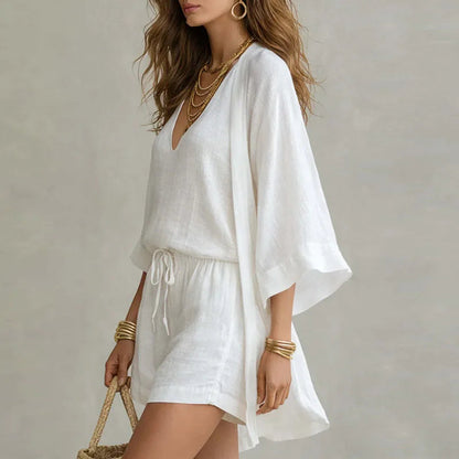 Women's Three-Piece Set with Kimono Cardigan, V-Neck Top and Shorts