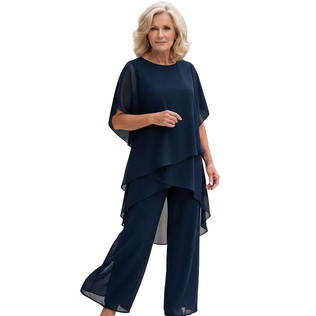 Women's Tiered Drape Top and Wide-Leg Pants Set with Round Neck