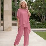 Women's Tiered Drape Top and Wide-Leg Pants Set with Round Neck