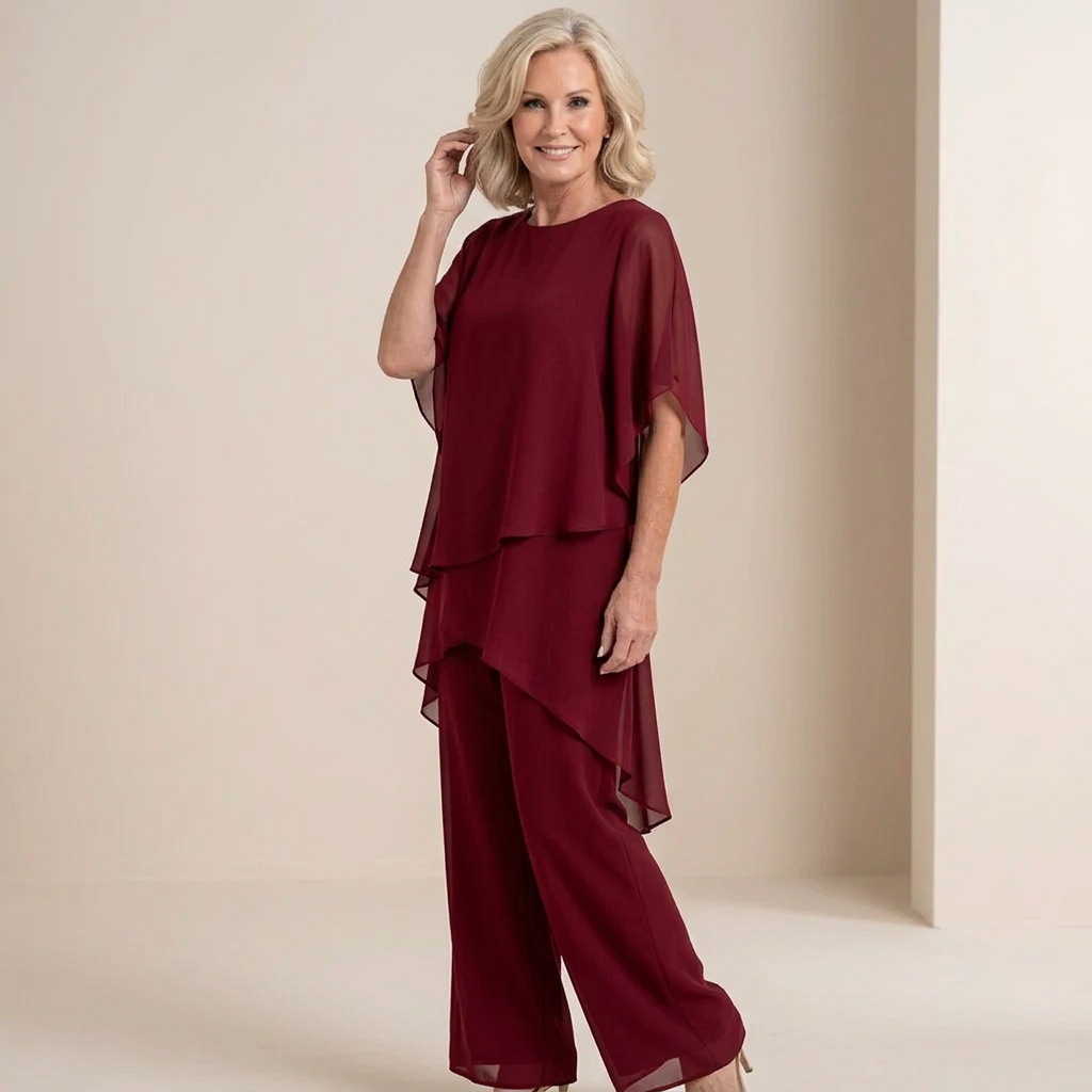 Women's Tiered Drape Top and Wide-Leg Pants Set with Round Neck