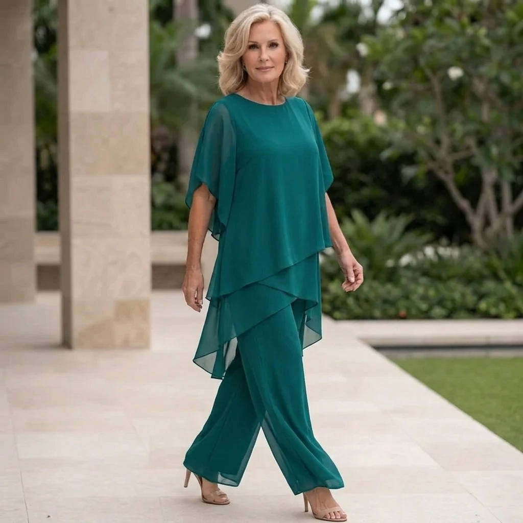 Women's Tiered Drape Top and Wide-Leg Pants Set with Round Neck
