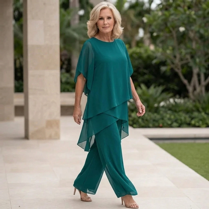 Women's Tiered Drape Top and Wide-Leg Pants Set with Round Neck