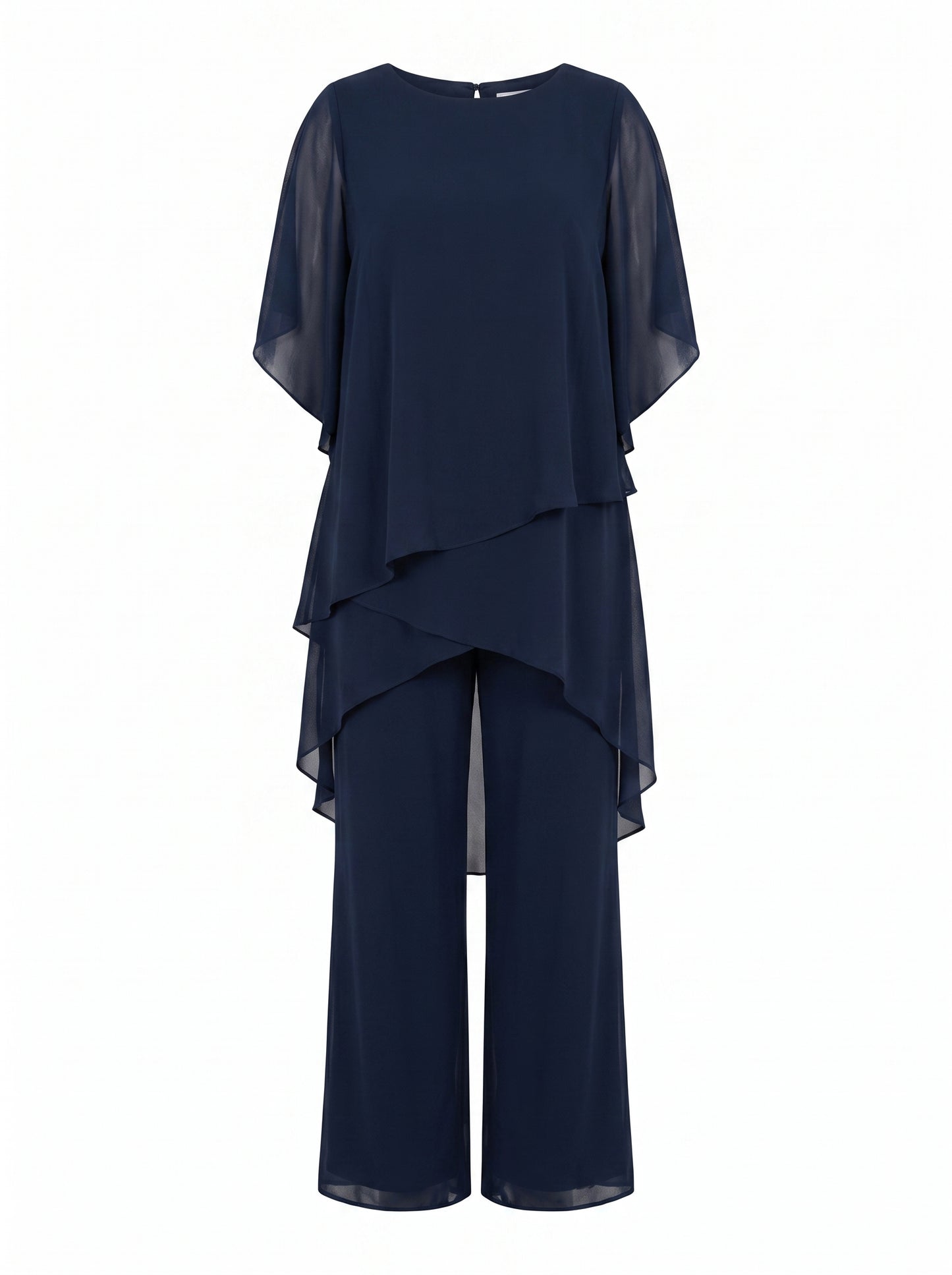 Women's Tiered Drape Top and Wide-Leg Pants Set with Round Neck