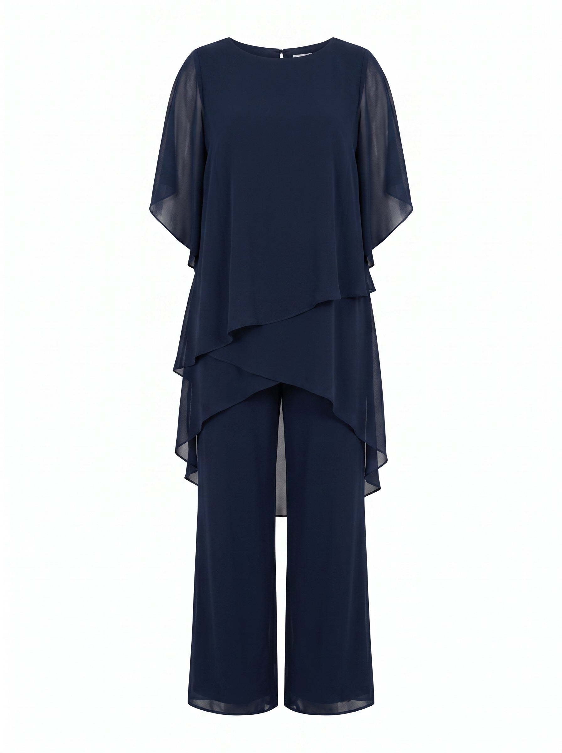 Women's Tiered Drape Top and Wide-Leg Pants Set with Round Neck