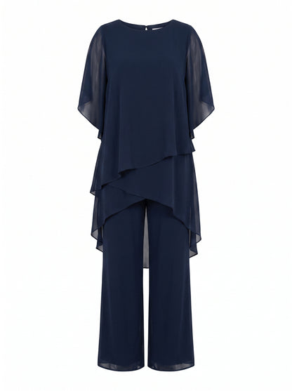 Women's Tiered Drape Top and Wide-Leg Pants Set with Round Neck