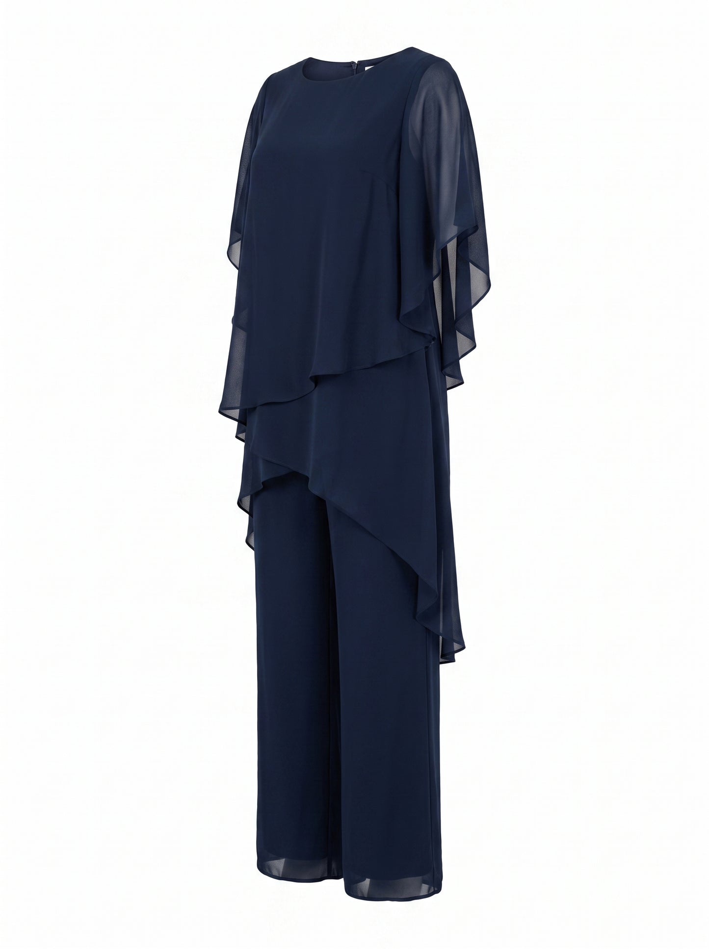 Women's Tiered Drape Top and Wide-Leg Pants Set with Round Neck