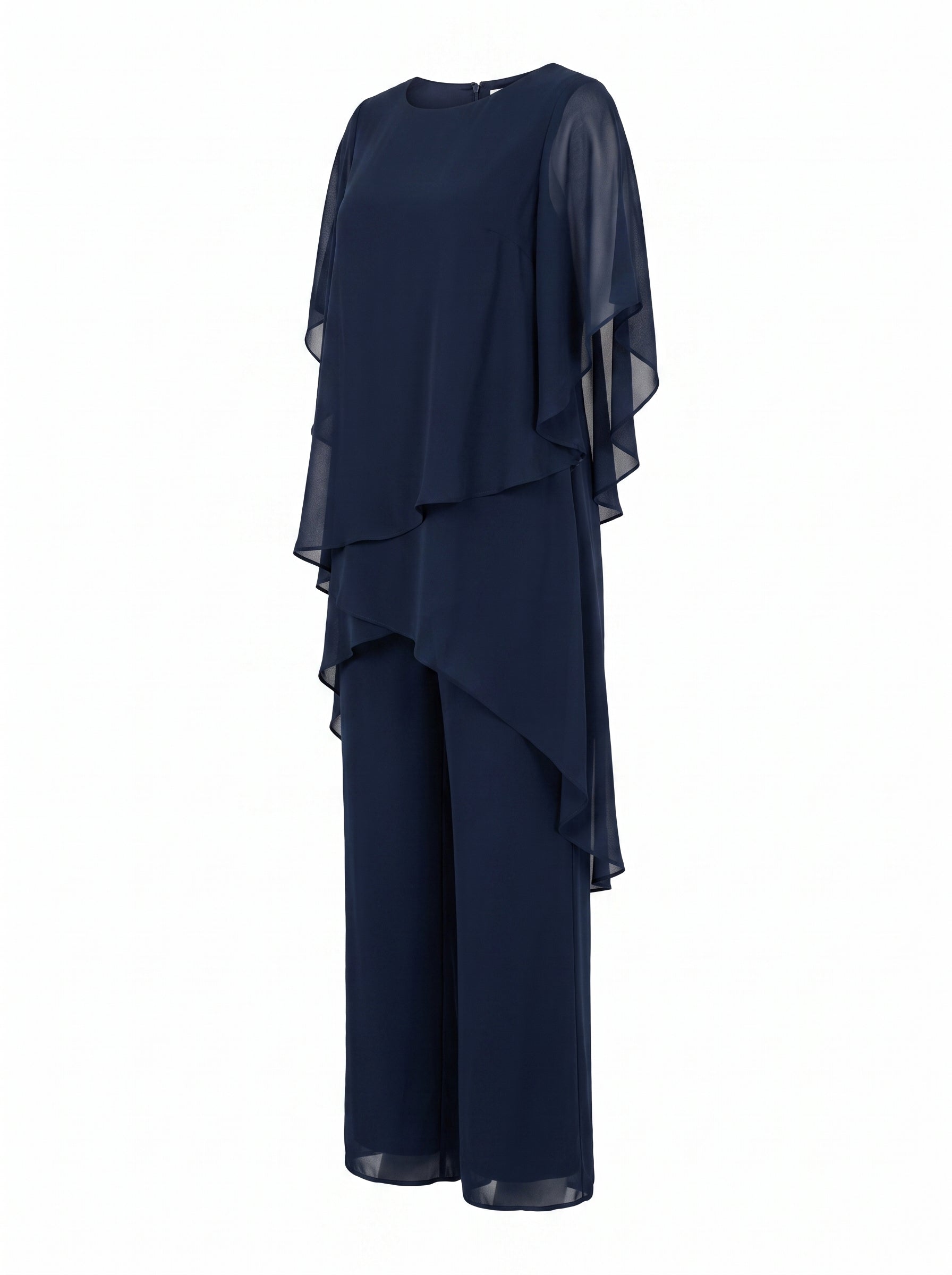 Women's Tiered Drape Top and Wide-Leg Pants Set with Round Neck