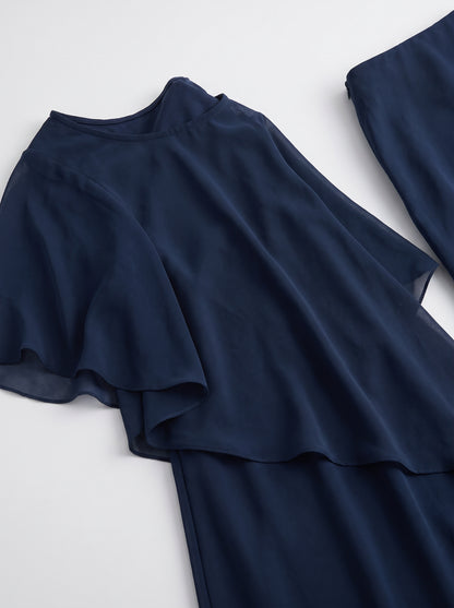 Women's Tiered Drape Top and Wide-Leg Pants Set with Round Neck