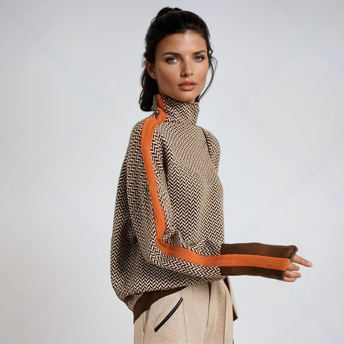 Women's Turtleneck Sweater with Herringbone Pattern and Contrast Trim