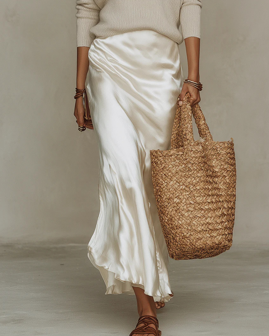 Women's Two-Piece Set Long-Sleeve Sweater and Satin Midi Slip Dress