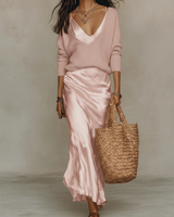 Women's Two-Piece Set Long-Sleeve Sweater and Satin Midi Slip Dress