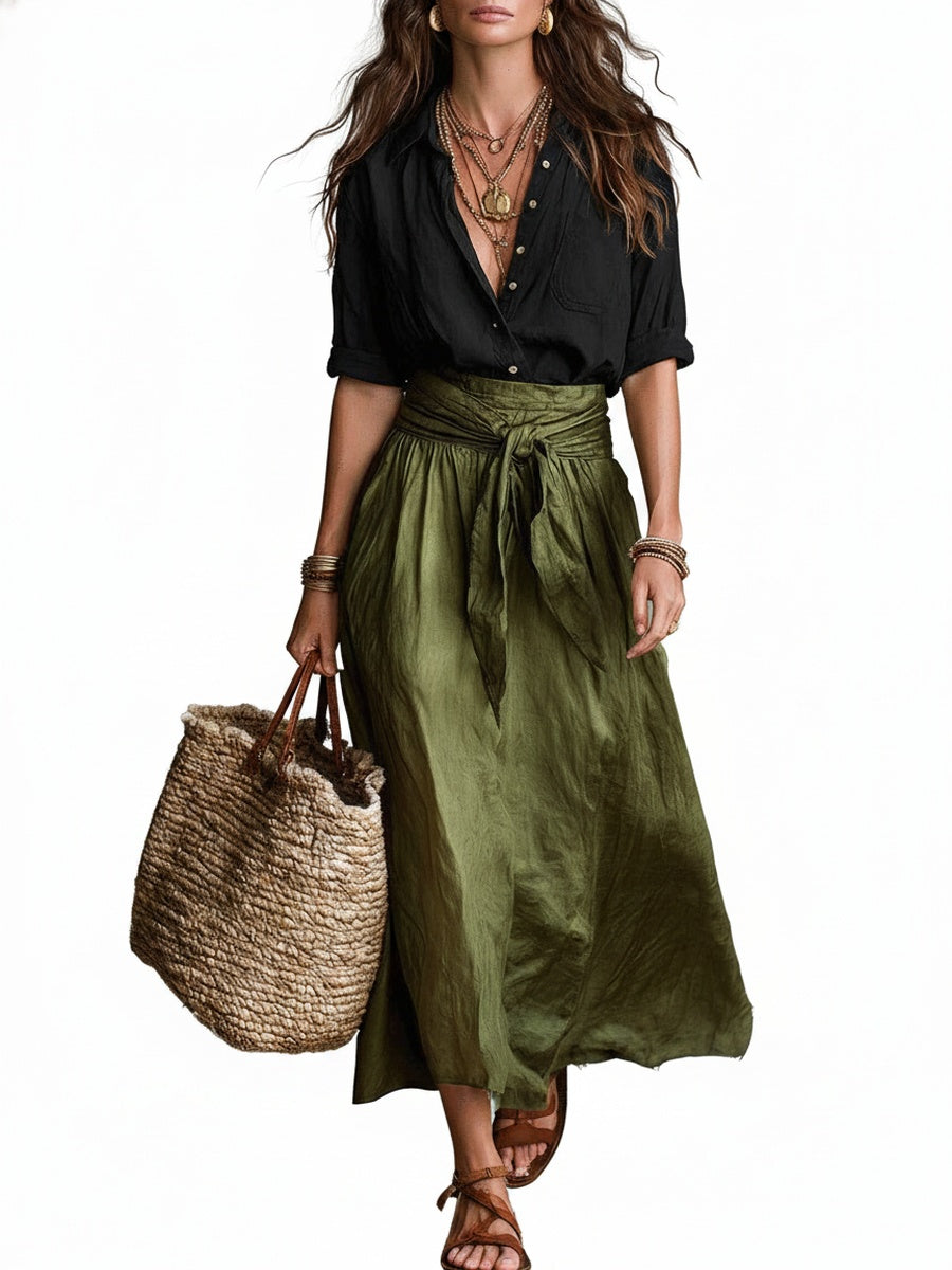 Women's Two-Piece Set Midi Skirt with High Waist Tie and Button-Down Shirt
