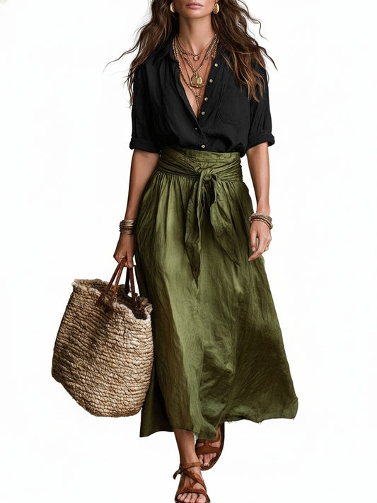 Women's Two-Piece Set Midi Skirt with High Waist Tie and Button-Down Shirt